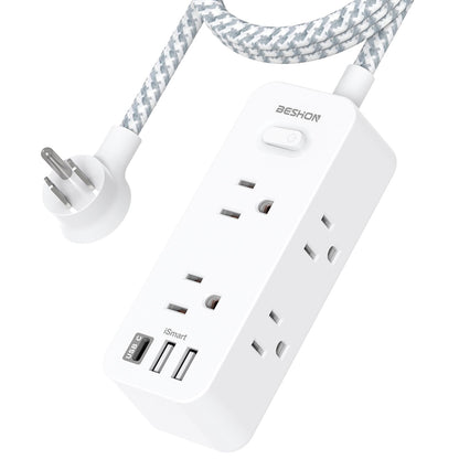 Power Strip Surge Protector, BESHON 5Ft Extension Cord, 6 Outlets with 4 USB Ports (2 USB C Outlet), 3-Side Outlet Extender, Wall Mount, Compact for Travel, Home, School, College Dorm Room and Office