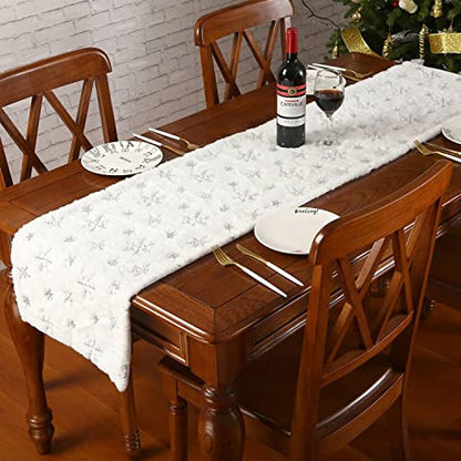 Faux Fur Christmas Table Runner with Silver Sequin Snowflakes, White Super Soft Thick Luxury Table Decoration for Holiday Xmas,15x70 Inch