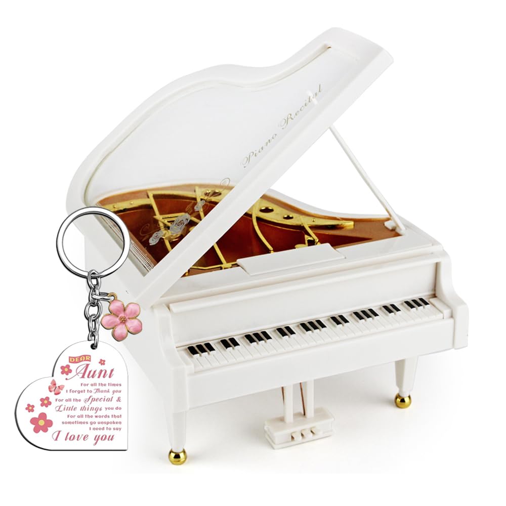 To My Aunt Music Box & Engraved Keychain Gift Set - Elegant Piano Shaped Musical Box, Wind-up Clockwork Mechanism - Meaningful Birthday, Mother's Day, Christmas Keepsake for Aunt from Niece Nephew