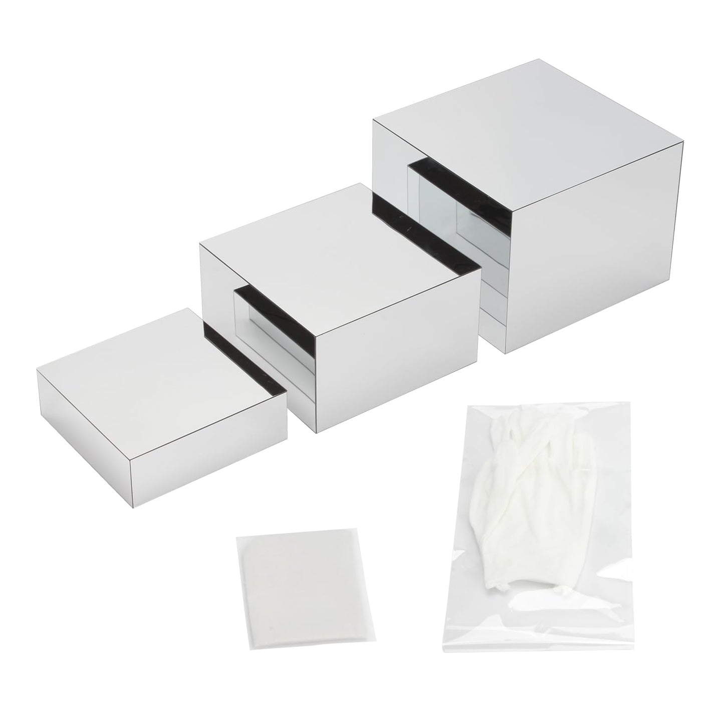 DIICCYO Glossy Silver Acrylic Boxes Dessert Collection Jewelry Perfume Display Stand Shelf, Hollow Bottom Cube Organizer Countertop Nesting Risers for Hangbag Shoe Home Boutique Retail Store, 3Pcs