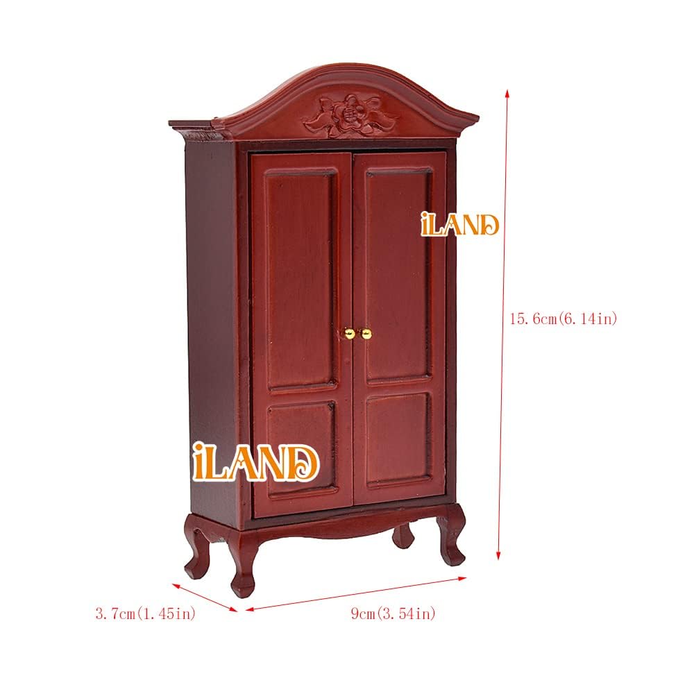 iLAND Wooden Dollhouse Furniture 1/12 Scale, Dollhouse Bedroom Furniture in Mahogany Color incl Dollhouse Bed & Dressing Table & Wardrobe (Classical Miniature Furniture 6pcs)
