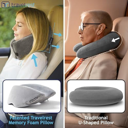 Travelrest Nest Memory Foam Travel Neck Pillow, Advanced Support for Long Flights, Patented Design for Optimal Relaxation, Compact, Ergonomic, and Washable, On-the-Go and Attacthes to Luggage - Gray