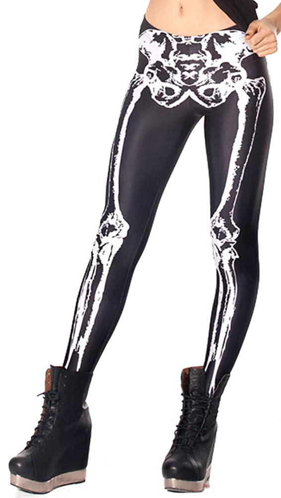 Sister Amy Women's Digital Galaxy Printted Ankle Elastic Tights Legging Black Skeleton in White US XXXL