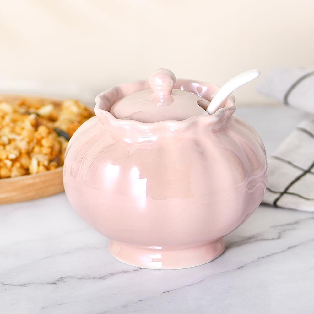 Ursword Iridescent Sugar Bowl, Porcelain Salt Cellar with Lid and Spoon, 9oz Sugar Jar for Coffee Bar, Salt Box Sugar Containers for Seasoning, Spice, Sauce, Elegant Decor for Kitchen Countertop