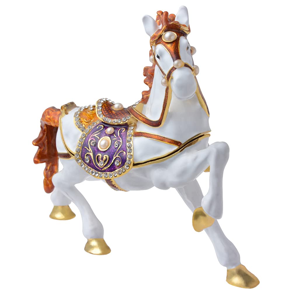 FJ FENGZHIJIE Golden Crystal Enameled Horse Jewelry Box, Hand-Painted Hinged White Horse Trinket Box, Elegant Home Décor & Unique Gift for Equestrians