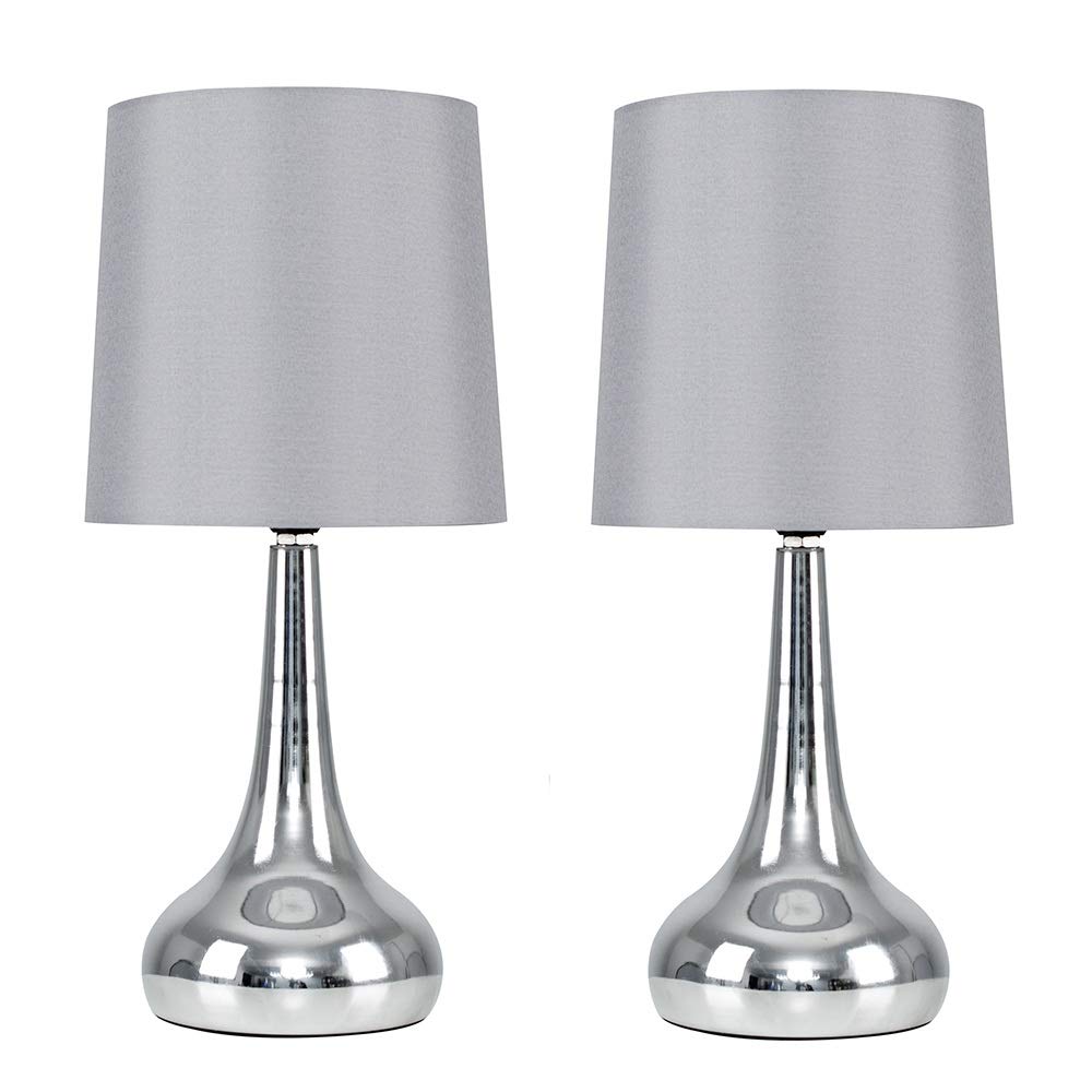 MiniSun | Modern Chrome Teardrop Touch Table Lamps with Grey Fabric Shades | Table Lamps, Home Décor & Improvement Essential | Set of 2 | Includes 5W LED Bulbs [3000K Warm White]