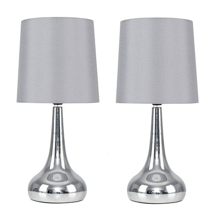 MiniSun | Modern Chrome Teardrop Touch Table Lamps with Grey Fabric Shades | Table Lamps, Home Décor & Improvement Essential | Set of 2 | Includes 5W LED Bulbs [3000K Warm White]