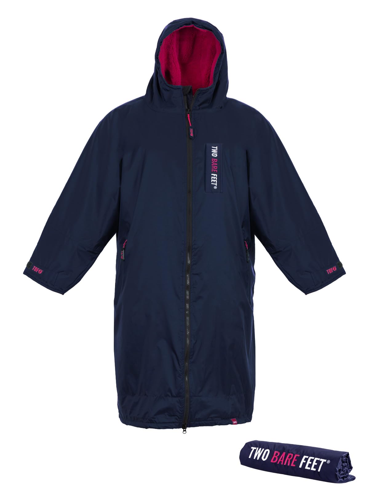 Two Bare Feet Waterproof Long Sleeve Changing Robe with Hood & Changing Mat, Sherpa Fleece Lining, Windproof, Warm, for Watersports, Swimming, Surfing, SUP (Small, Navy/Raspberry)