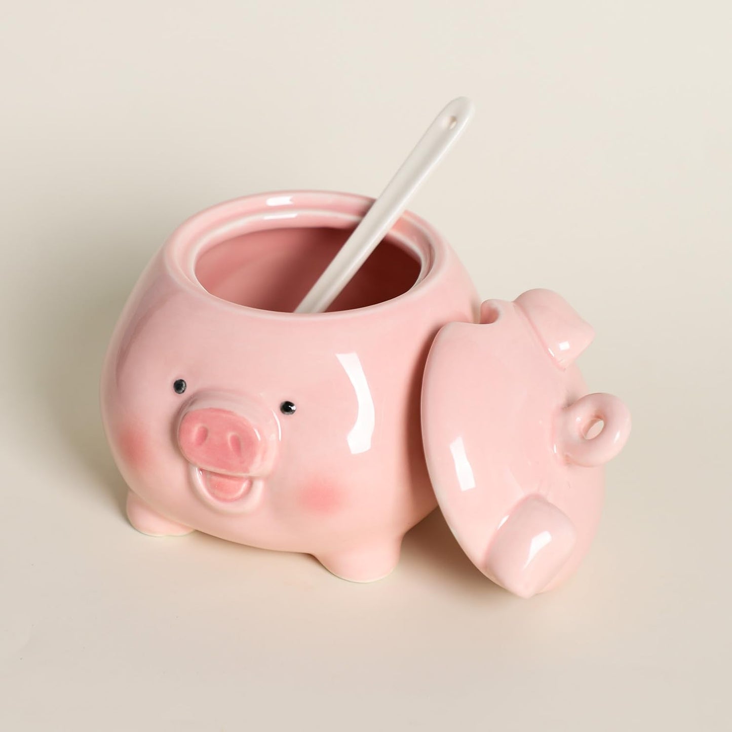 Sizikato Porcelain Condiment Pot with Lid and Spoon, Pink Pig Shape, 4.2 Inch