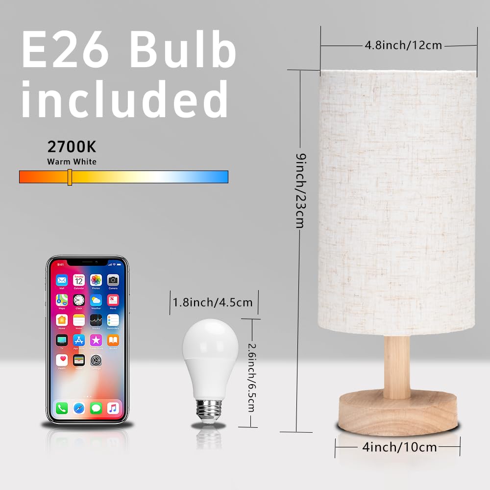 WANKAIX Small Table Lamp for Bedroom - Bedside Lamps for Night Stands, Minimalist Nightstand Light Lamp, Desk Lamps for Living Room, Office, Dorm(Wood Base, 10" Inline Control)