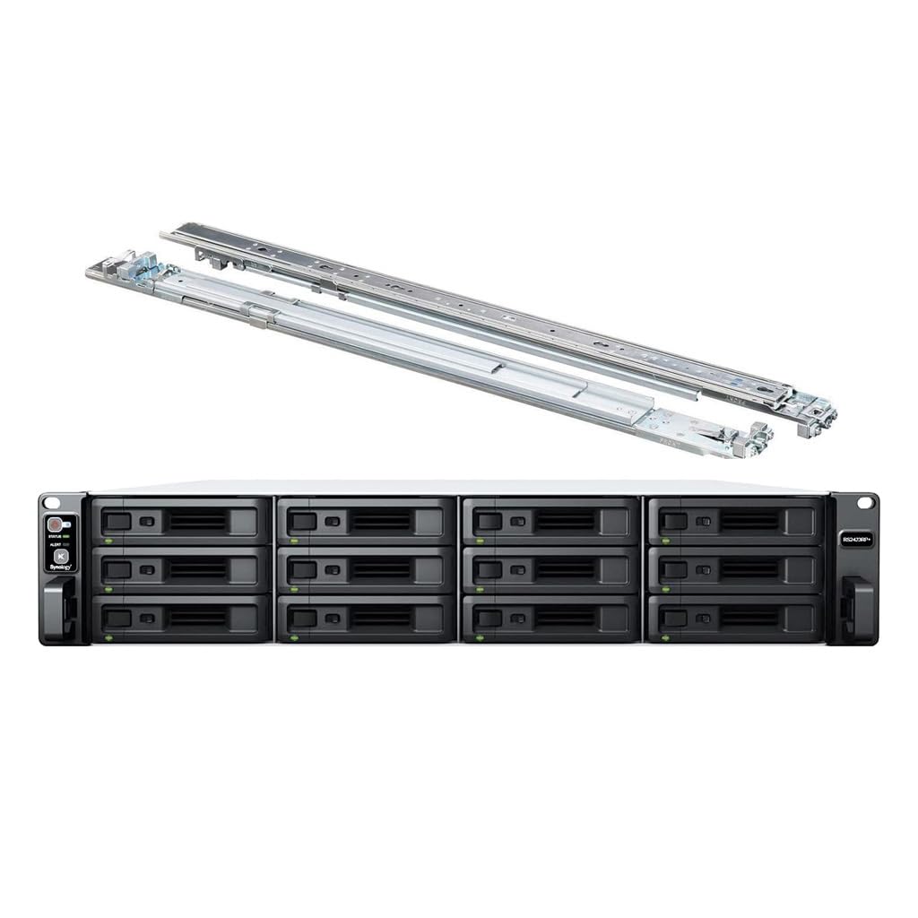 Synology RackStation RS2423RP+ NAS Server with Ryzen 3.35GHz CPU, 32GB Memory, 48TB HDD Storage, 10GbE LAN Ports, Redundant Power, DSM Operating System Bundle with Rail kit