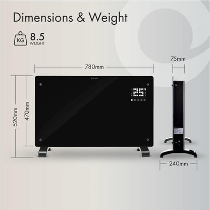 Devola Wifi Enabled Smart Electric Glass Panel Heater 2000W | Alexa Heating Control, Open Window Detection, Wall Mounted & Free Standing Low Energy Heaters with Timer | Lot 20, DVPW2000B (Black)