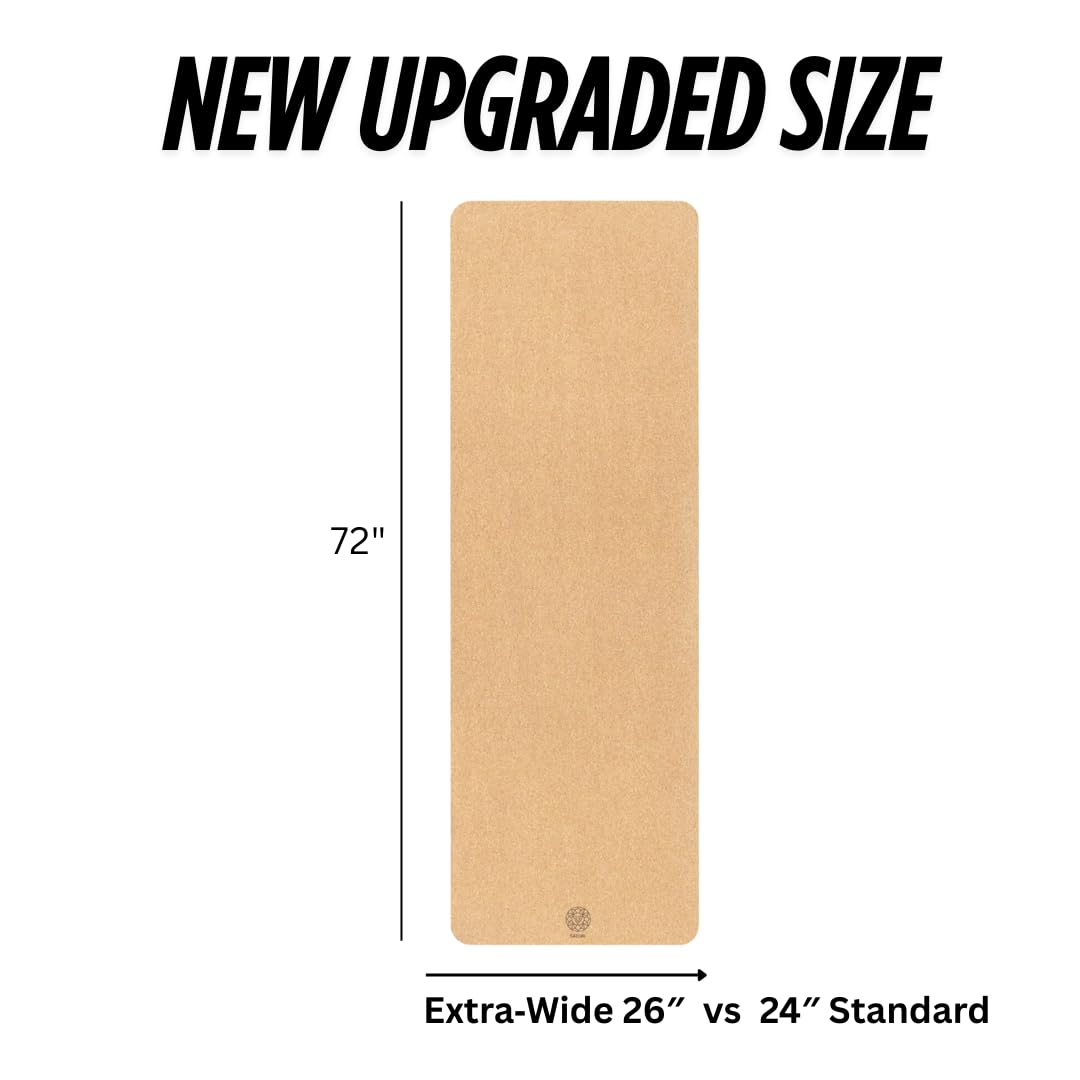 Cork Yoga Mat with Natural Rubber Base, Extra Size, Thickness and Support, Excellent Cushion & Grip, Non-Slip, Non-Toxic, Sweat-Resistant, Sustainable, Eco-friendly Exercise Mat