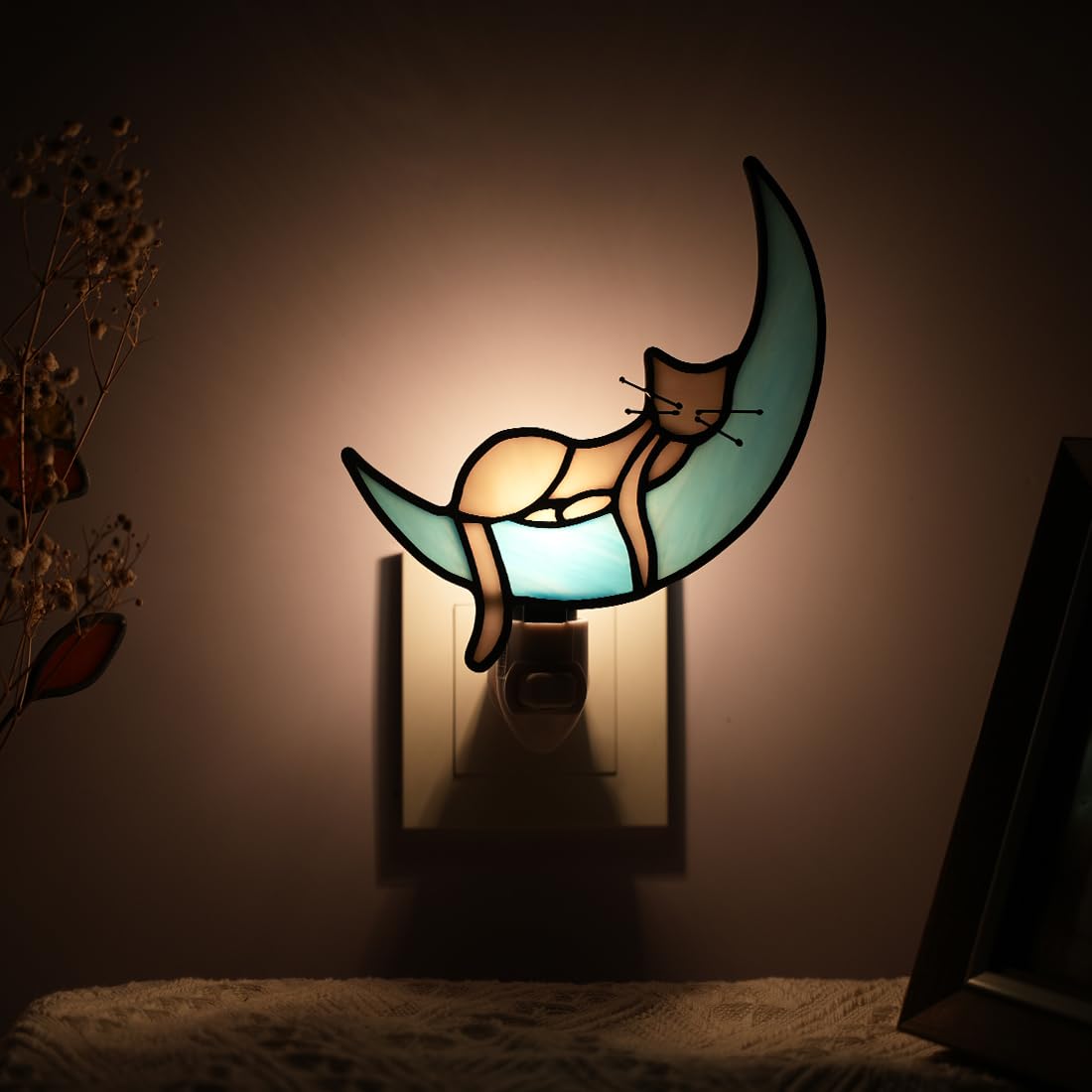 BOXCASA Cat on Moon Decor Stained Glass Night Lights Plug Into Wall Decorative,Night Light Plug in Decor for Children's Room Kitchen Toilet Bathroom,Cats Themed Gifts for Women Cat Lover