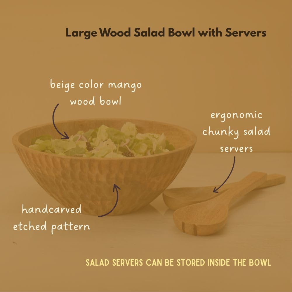 Large Salad Bowl with Servers, Wooden Bowl, Etched Pattern, Beige Brown, 12.5" Wide