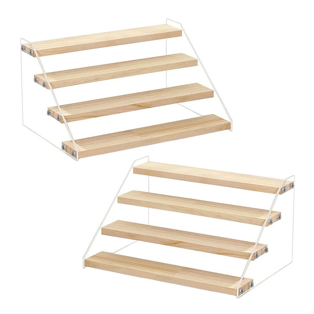 BeiHCain 2 Pack 4 Tier 12 Inch Acrylic Wooden Display Stand, Clear Acrylic Display Riser Shelf Wood Tiered Display Shelf Rack Step Ladder Riser Stands for Cupcakes Perfumes Figures Collectibles
