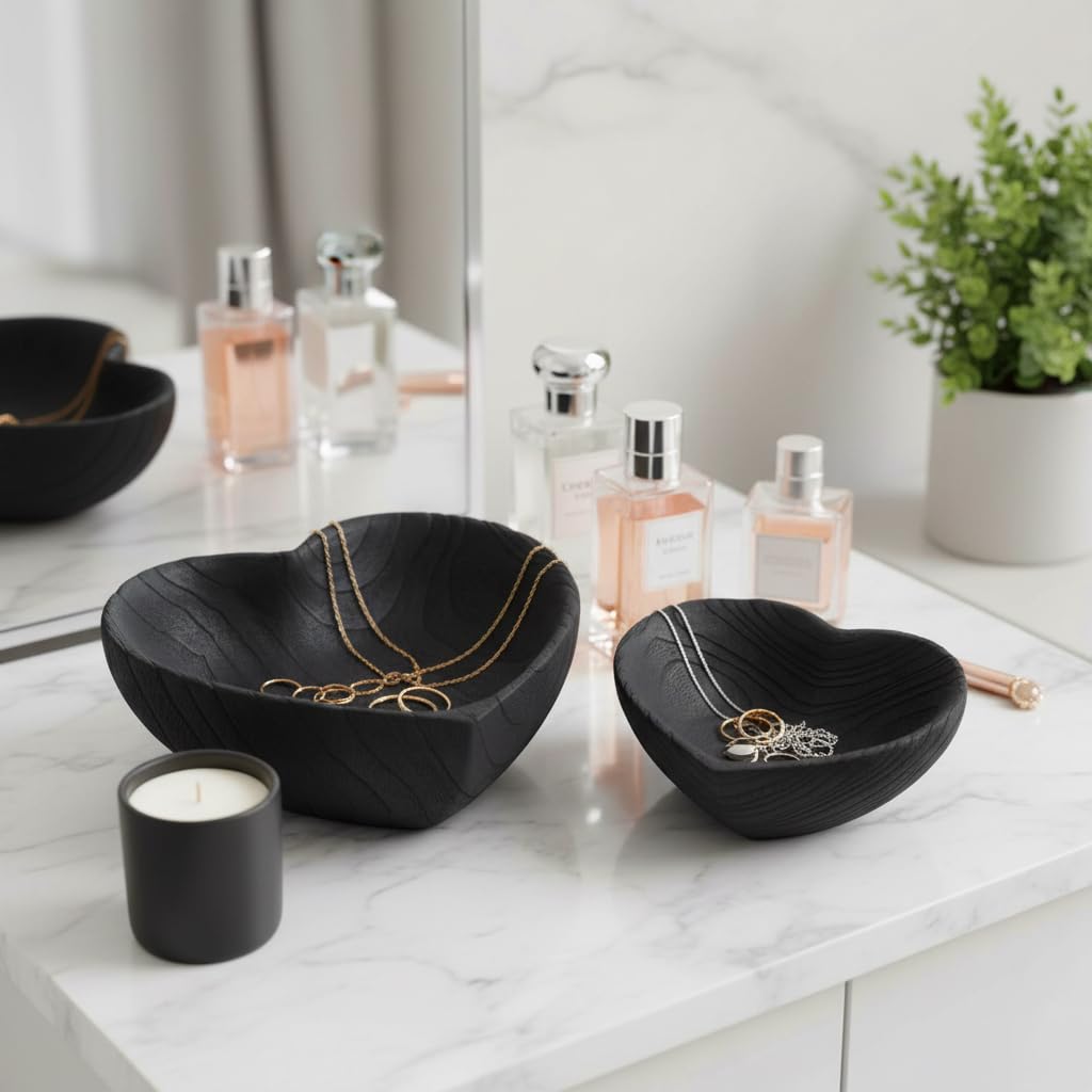 Set of 2 Wooden Decorative Bowls – Accent Bowl Set for Everyday Display, Coffee Table or Entryway Styling – Heart Shape Design for Soft, Sculptural Impact, Home Decor – 10" & 8", Black