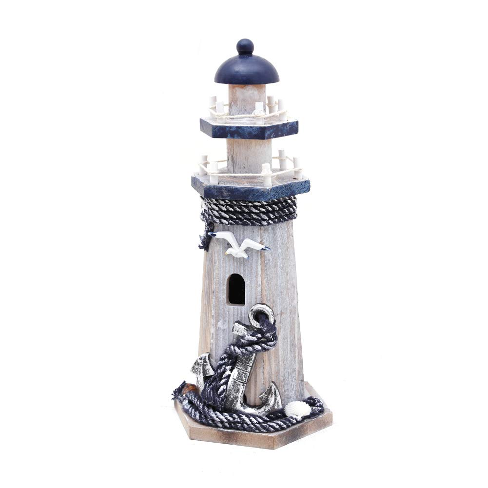 WHY DECOR Lighthouse Decor Nautical Decoration Wood Light House Figurine Beach House Coastal Decor Table Ocean Seaside Theme Home Lake House Bathroom Shelf Centerpiece 10.25" Blue