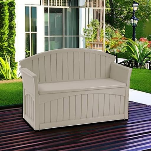 Suncast Outdoor Storage Bench - 50 Gallon Taupe Resin Outdoor Bench with Storage for Cushions, Tools & More. All-Weather Patio Deck Box with Seat for Porch, Pool, Yard, & Garden, Made in USA
