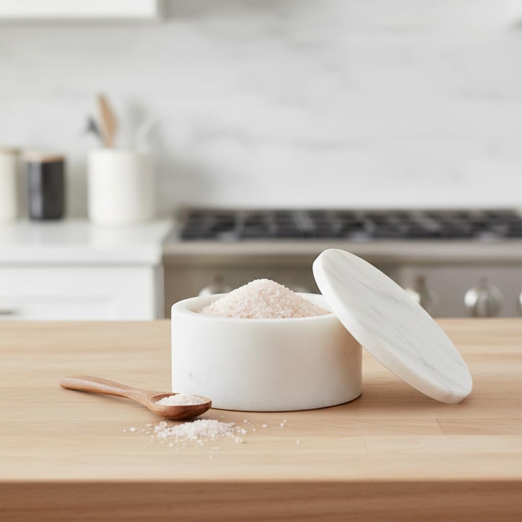 Queenza White Marble Salt Cellar with Lid – Handmade 3 Inch Marble Salt Bowl, Kosher Salt Keeper, Spice & Herb Container