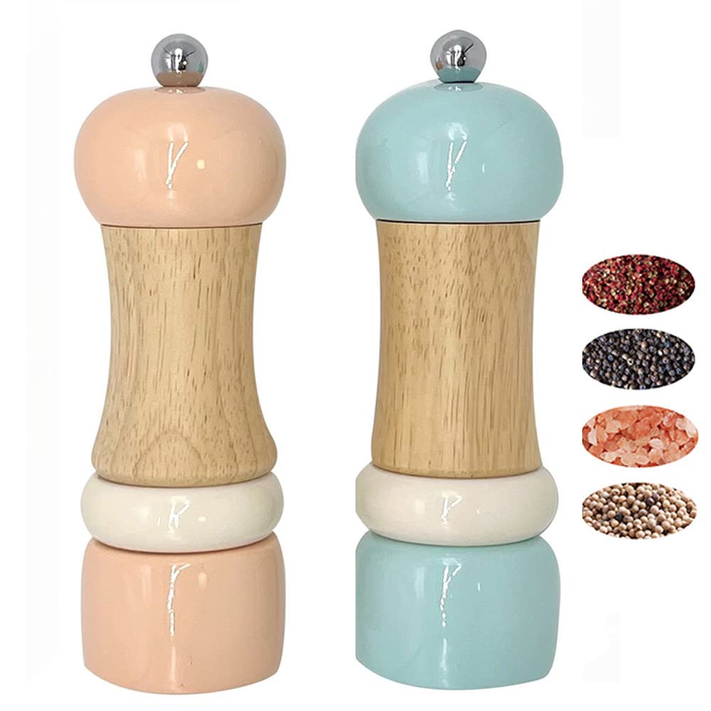 CASASUNCO Manual Salt and Pepper Grinder Set Salt & Pepper Mill Sets Wooden Salt Pepper Grinder Set Salt & Pepper Shakers Gift Set- Customized Coarseness - Ceramic Core - Blue+Peach (Set of 2, 6")