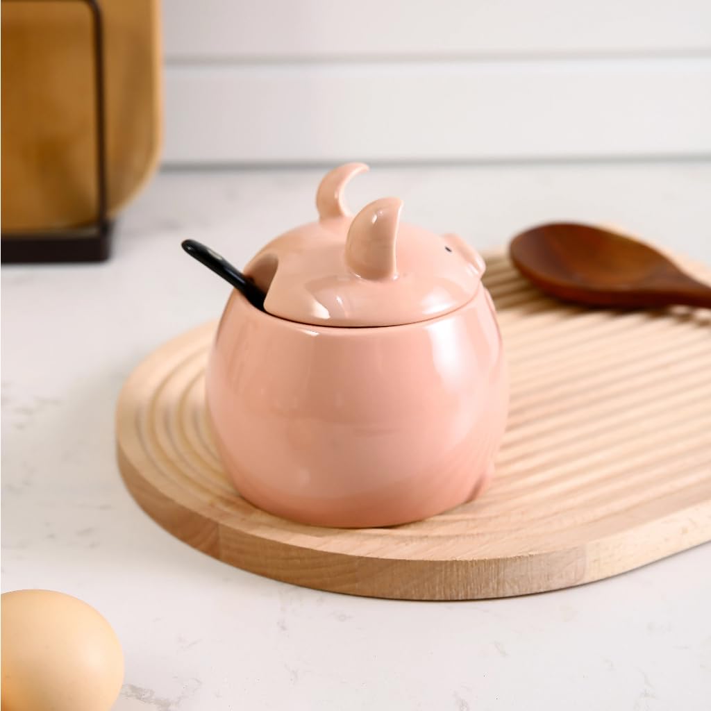 WUYIAZHI Pig Shaped Sugar Bowl with Lid and Spoon, Pink Ceramic 12 oz Container for Sugar, Salt, Spices