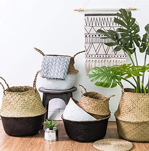 Seagrass Belly Basket Woven Plant Pot with Handles Natural Foldable for Storage Laundry Blankets Toys (Natural + Black)