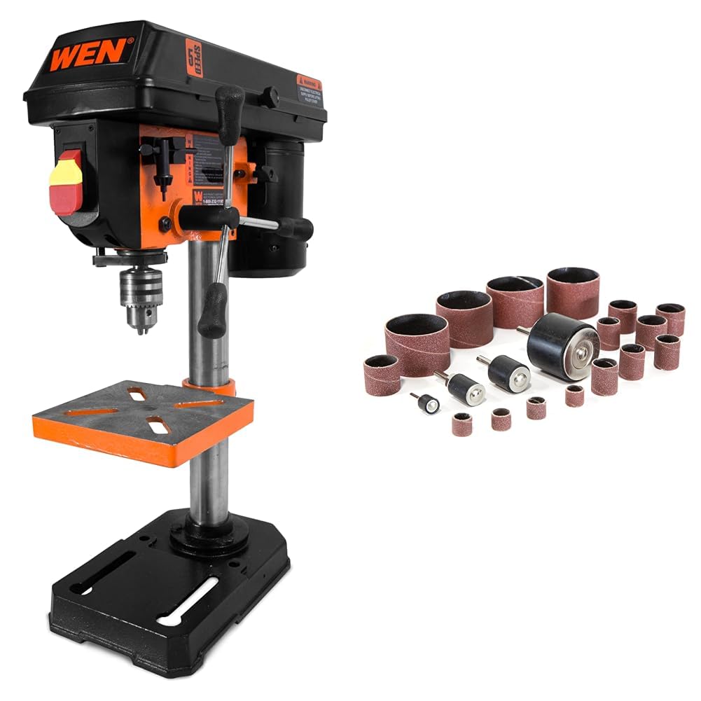 WEN 4208T 2.3-Amp 8-Inch 5-Speed Cast Iron Benchtop Drill Press,Black/Orange & DS164 20-Piece Sanding Drum Kit for Drill Presses and Power Drills