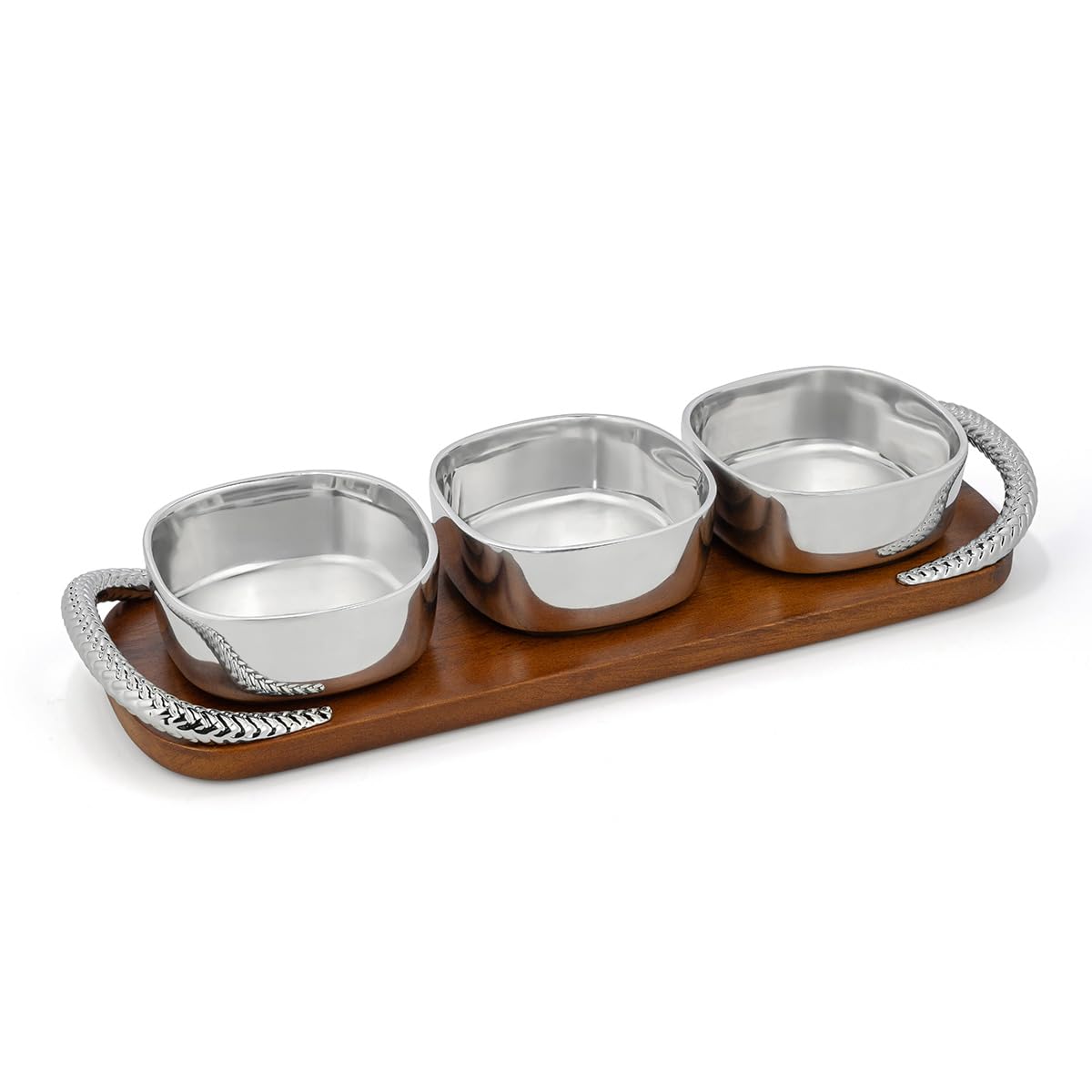 Nambe Braid Condiment Trio, Designed by Sean O’Hara – Square Alloy Bowls with Acacia Wood Serving Tray & Chrome Handles – Appetizer, Dip & Snack Server, Modern Scandinavian Design