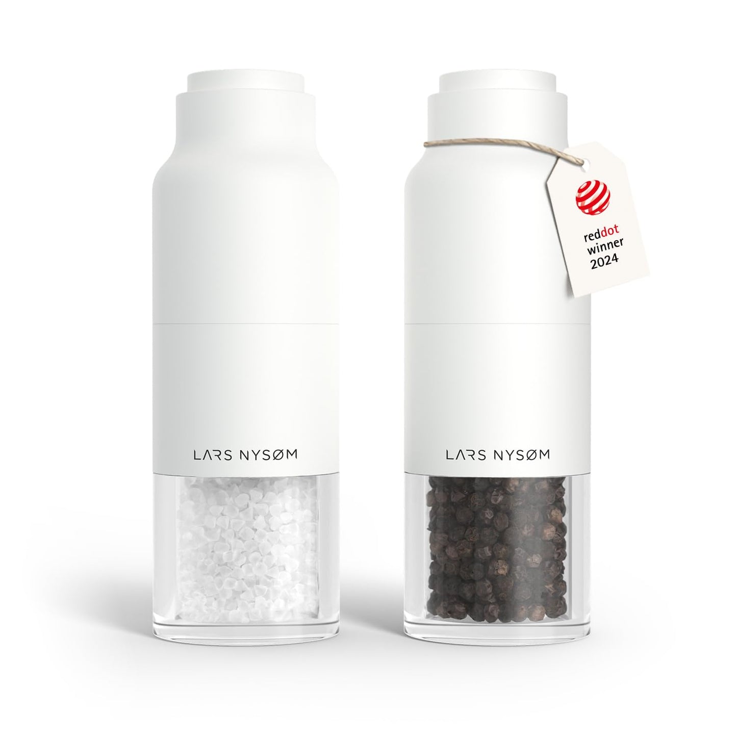 LARS NYSØM Salt and Pepper Grinder Set, Stainless Steel Manual Salt and Pepper Mills, Adjustable Ceramic Grinder, Design Spice Shakers (Pure White)