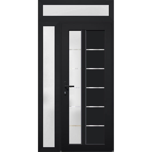 VDOMDOORS Front Exterior Prehung Fiberglass Door Frosted Glass/Manux 8088 Matte Black/Side and Top Exterior Window/Entrance Patio Garage-W30+16" x H80+14"-Right-Hand Inswing