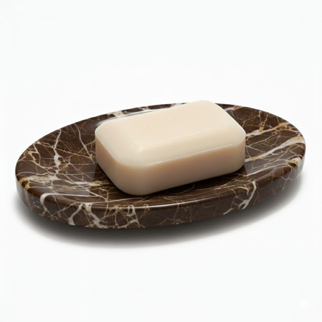 SS Marble Soap Holder - Polished & Shiny Oval Marble Soap Holder - Sponge Holder for Face, Bathroom Makeup Tray with Drain Hole Well-Made Bathroom Accessory (Brown)