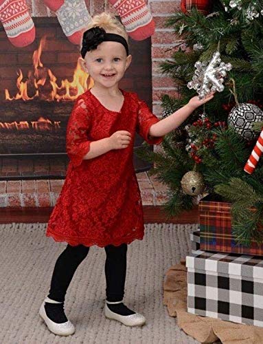 Flower Girl Dress, Lace Dress 3/4 Sleeve Dress (Red, 8-9 Years)