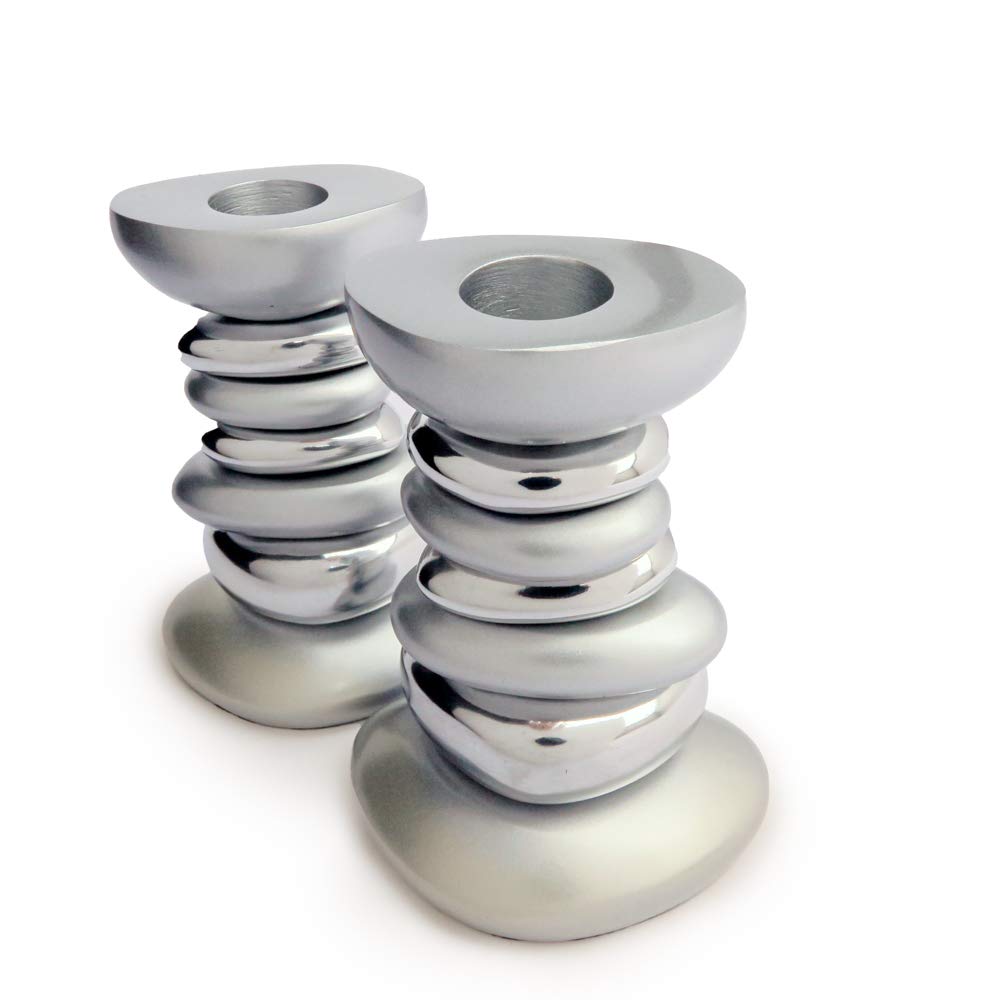 Yaie Emanuel Zen Stone Tower Candlestick Holders for Shabbat and Yom Tov | Anodized Aluminum Modern Design (Silver (CSG-1))