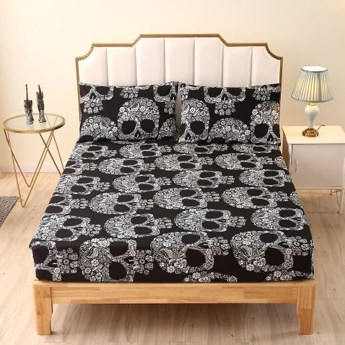SDIII Gothic Skull Queen Fitted Sheet with 2 Pillowcases, Not Including Flat Sheet, Soft Microfiber Deep Pocket Halloween Goth Bedroom Decor Queen