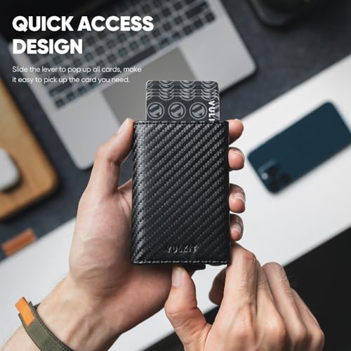 VULKIT Credit Card Holder RFID Blocking Leather Bifold Mens Wallet Automatic Pop Up with Banknote Compartment (Carbonfiber)