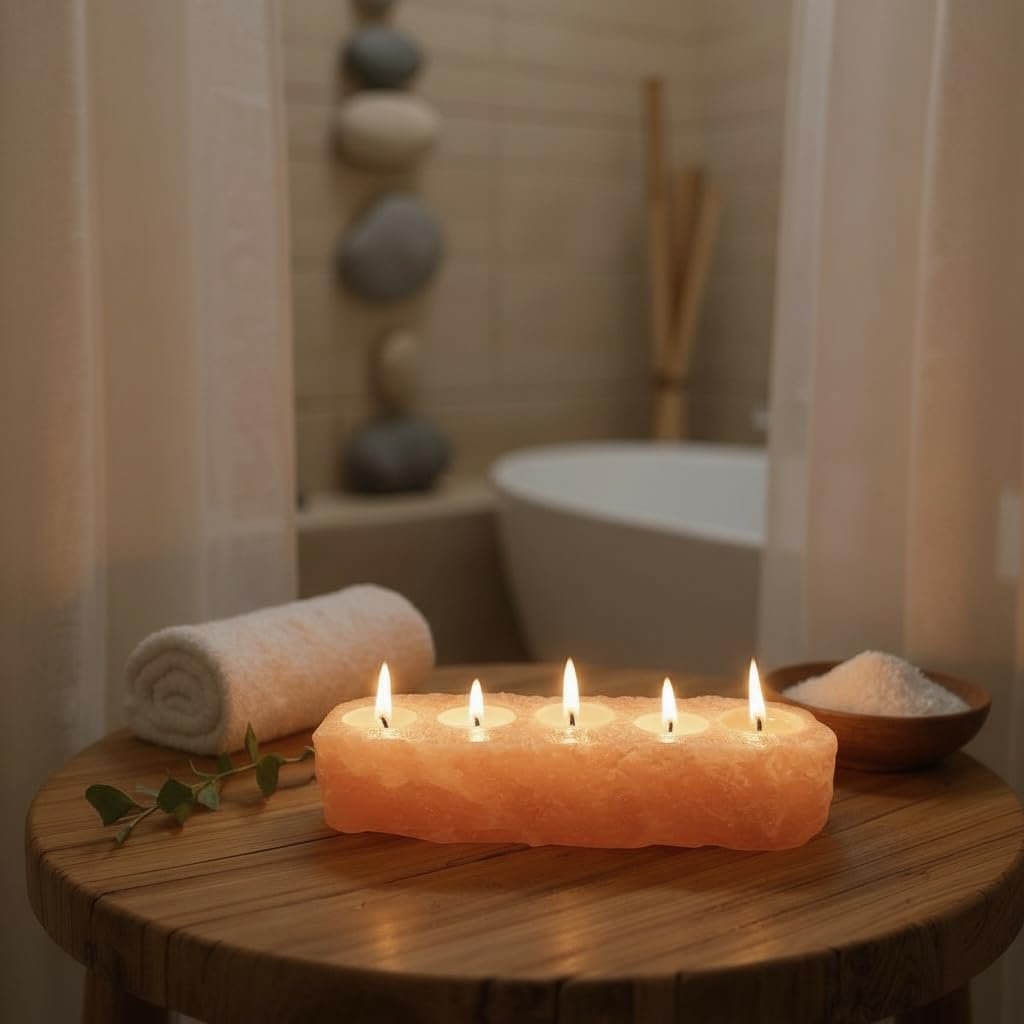 Himalayan Salt 5-Tealight Candle Holder, Natural Pink Crystal, 13 x 3 x 3 Inches, Hand Carved Votive Holder, 6-7 Pounds