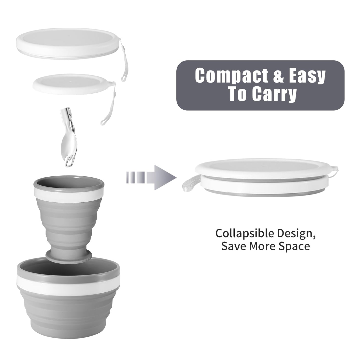 Odoland Camping Collapsible Silicone Cup and Bowl Set, Portable Mess Kit with Stainless Steel Spork and Lid for 1 Person Backpacking, Family Cookware, Hiking, Picnic, Travel