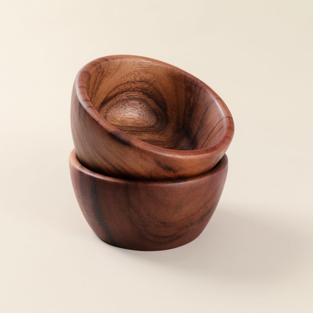 Acacia Wooden Salad Bowls (Set of 2): 6" x 3" Individual Wood Serving Bowls for Fruits, Cereal, Salads or Snacks - Handmade from a Single Organic Piece of Acacia Wood, Food Safe