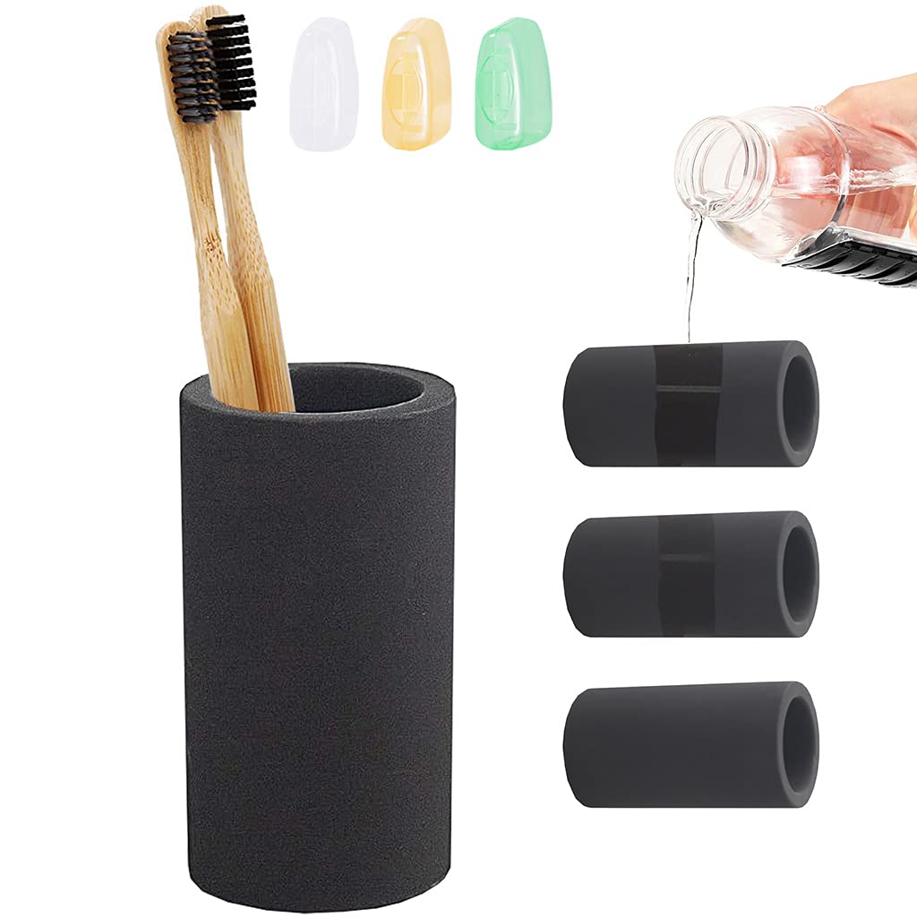GRUISE Black Toothbrush Holder for Bathroom, Water Absorption Fast Drying Diatomite Toothbrush Holders for Electric Toothbrush Toothpaste Shaver Razor (Black+3covers)