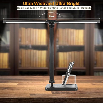 Woputne LED Desk Lamp with Dual Heads, 5 Color Modes & 10 Brightness Levels, Adjustable Reading Light for Home Office, Bedroom, Study, Craft (Black, Includes Adapter)