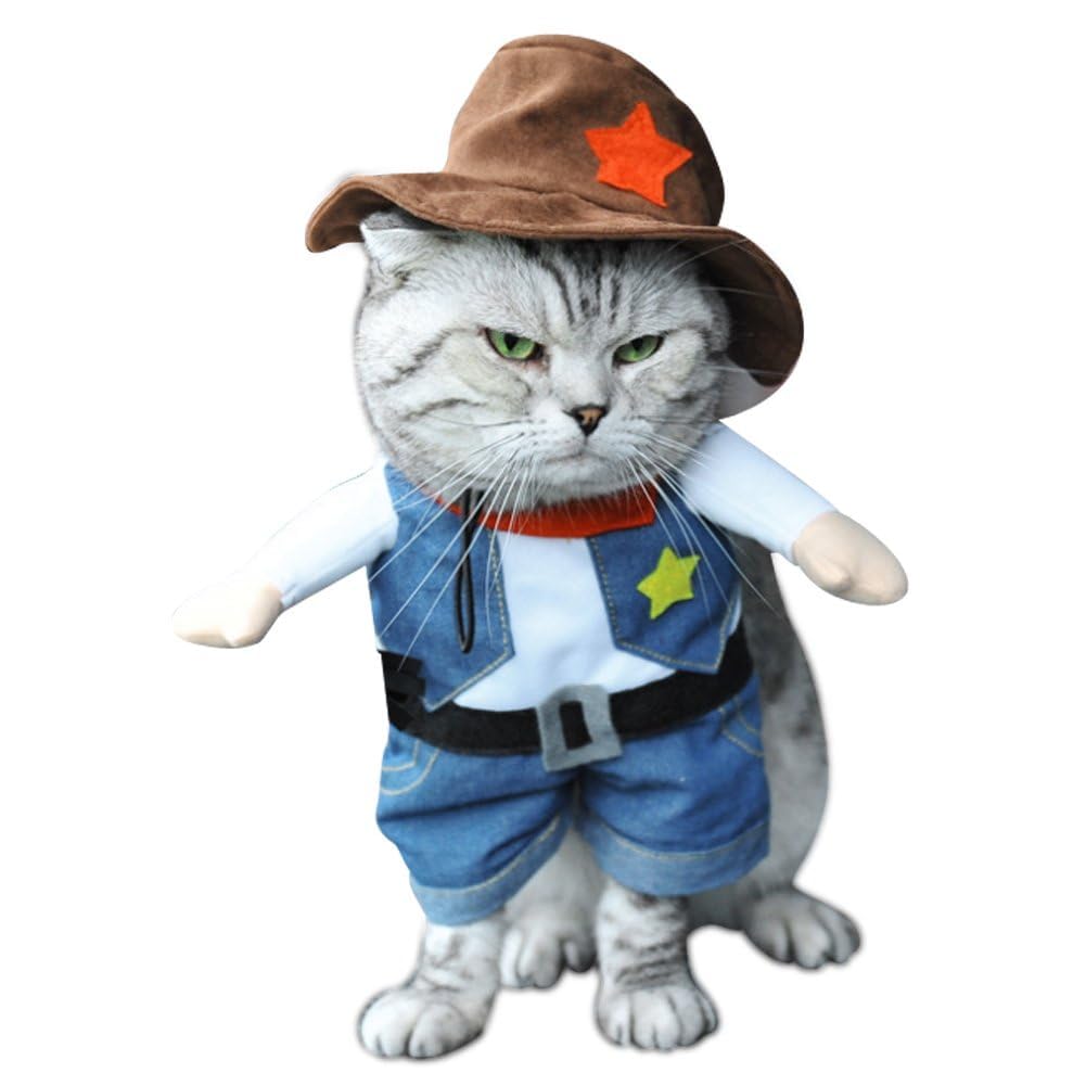 NACOCO Cowboy Costume with Hat for Cat and Small Dog - Halloween Clothes (Large) Blue