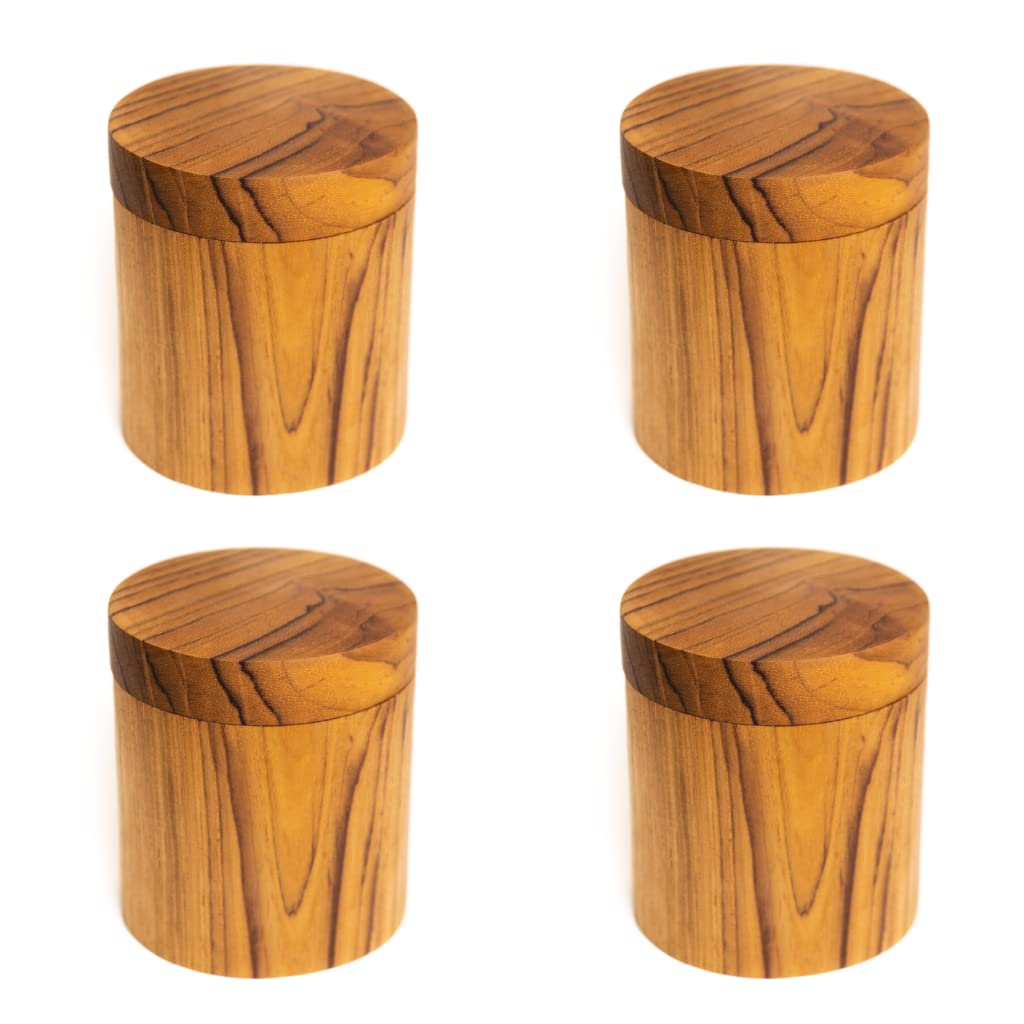 Rainforest Bowls Set of 4 Regular Round Javanese Teak Wood Spice Jars w/Lid - Perfect for Storing Salt, Herbs & Spices, Ultra-Durable- Premium Wooden Jars Handcrafted by Indonesian Artisans
