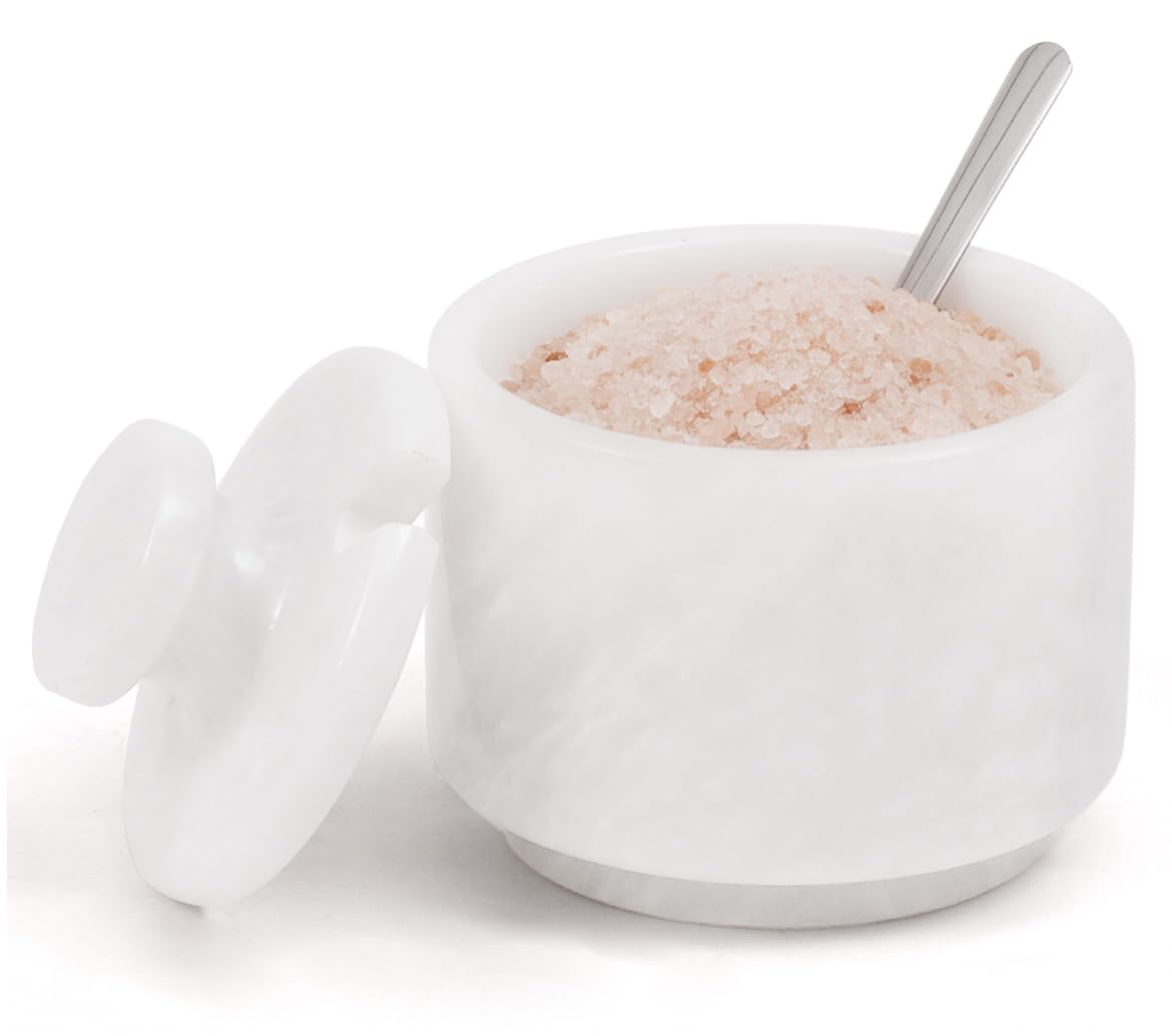 MARBLOUS KRAFTS Marble Salt Cellar with Lid & Spoon 3" White Small Flaky Salt Container, Seasoning Jar, Spice Storage Countertop, Ideal For Salt Box, Sugar Jar Kitchen Décor, Gift for Mom