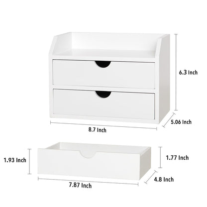 ROSE BLOOM White Wood Desk Organizer with 2 Drawer, Mini Cute Cabinet with Storage Shelf for Tabletop, Small Desktop Box Organizer for Cosmetic Office Supplies