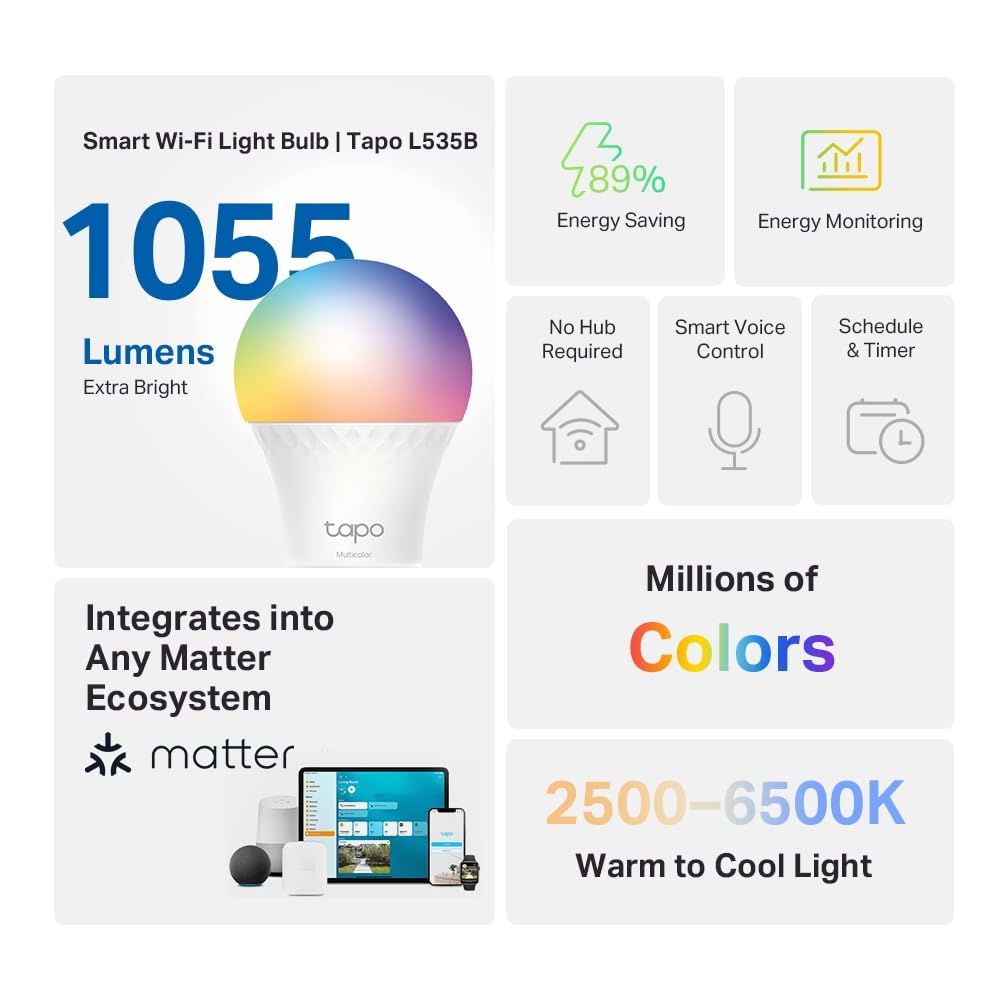 Tapo L535B Smart Bulb, B22 Colour Changing Light Bulb, Alexa Light Bulbs, LED Light Bulb,Energy Monitoring, 8.6W Smart Light Bulb, Dimmable, Voice Control with Apple HomeKit, Alexa and Google