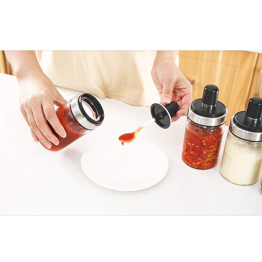 TENTA KITCHEN 3 High Borosilicate Glass Spice Jars Seasonning Box Jar Condiment Jar, Combination Spoon and Lid Design, Premium Commercial Grade, Empty Jars 8.45 oz, Airtight Cap.