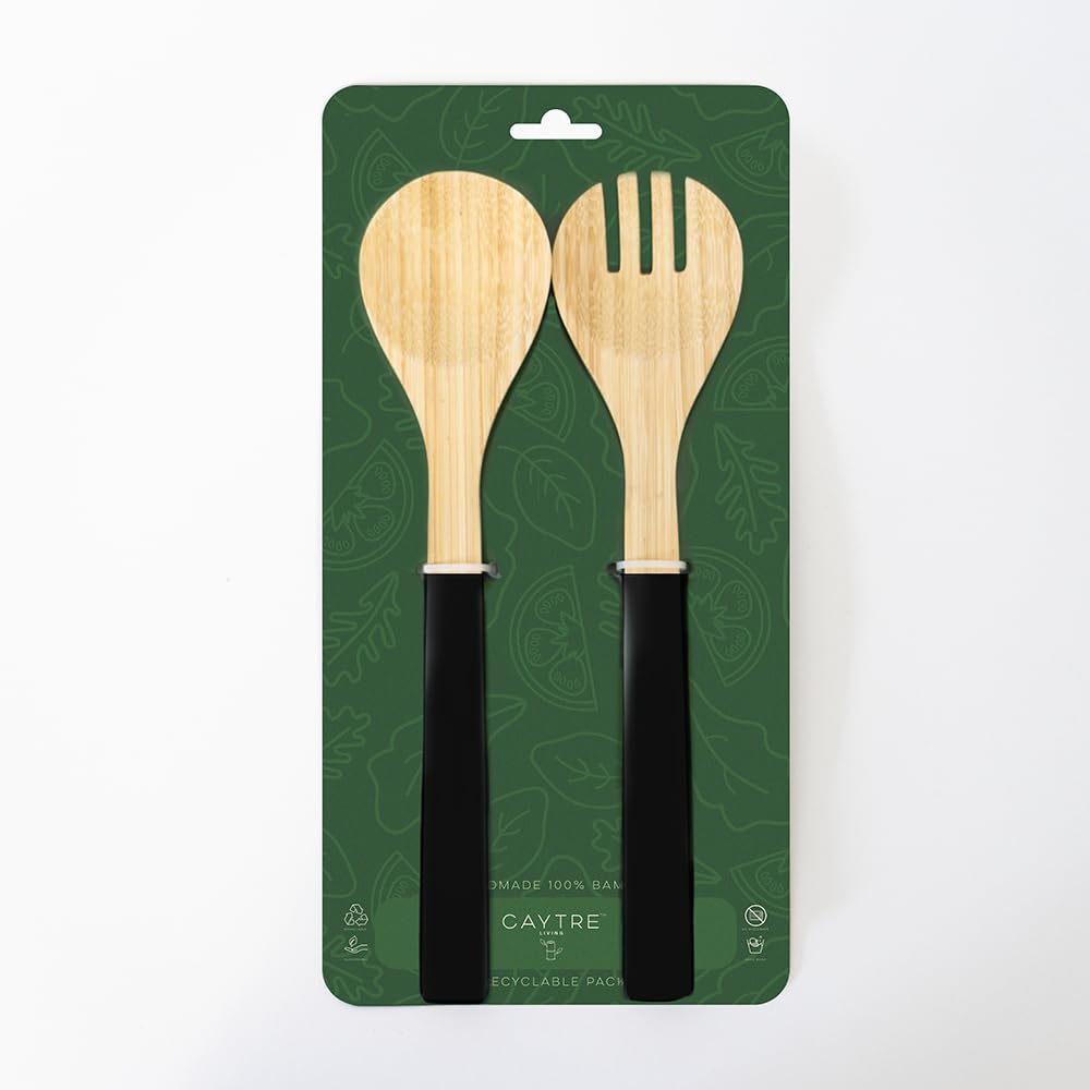 Caytre Wooden Painted Handle Bamboo Serving Utensil Set For Salad and Side Dishes- Onyx
