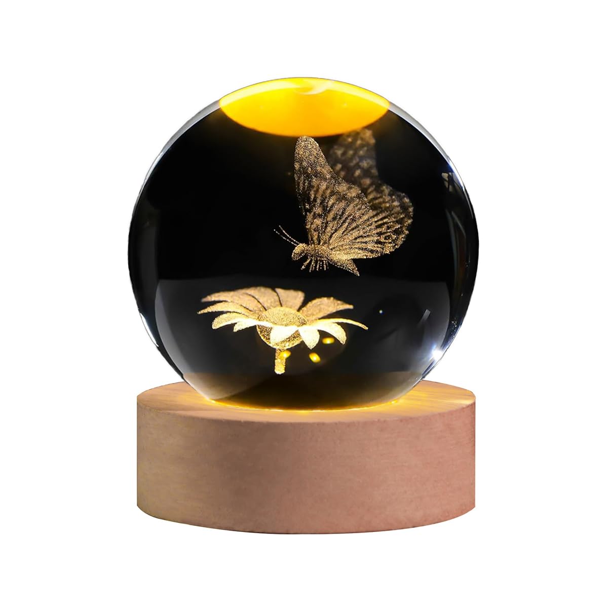 AOFEGRLT 3D Laser Etched Butterfly Crystal Ball with Stand, 60mm Glass Sphere Decorative Balls, Crystal Butterfly Figurine Lamp Night Light Gifts for Women Girls Mom Kids