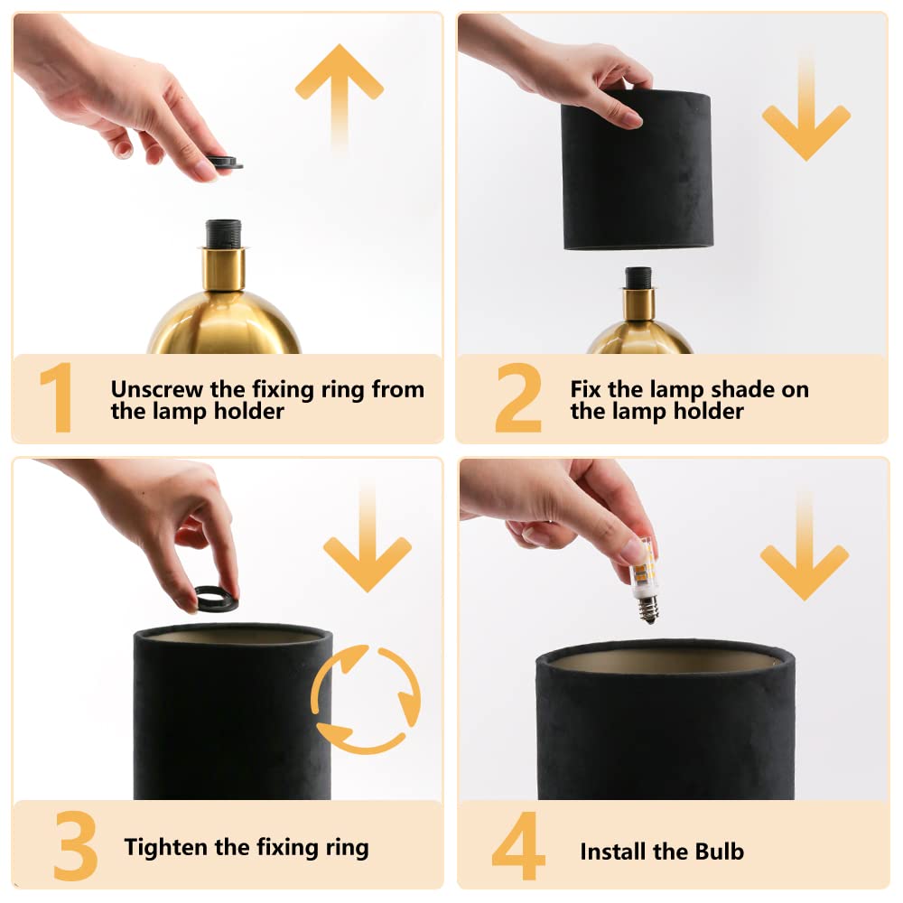 KUNJOULAM Small Bedside Lamp, Mid Century Lamp with Brass Base, Nightstand Table Lamp for Bedroom, Living Room, Bookshelf, Modern Accent Mini Table Lights Black Plastic Fabric Shade